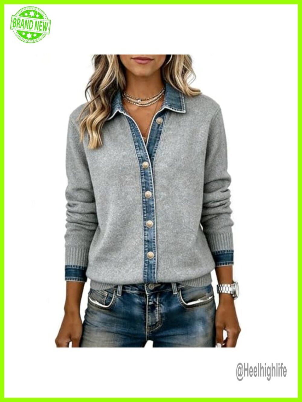 Denim Patchwork Trim Knit Cardigan Button Front Long Sleeve V-Neck Sweater